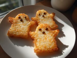 Three golden-brown, ghost-shaped haunted hash browns with dark chocolate chip eyes on a white plate.