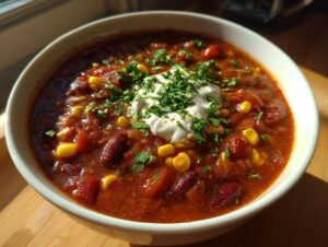 A close-up of a bowl of hearty chili, topped with sour cream and fresh cilantro.