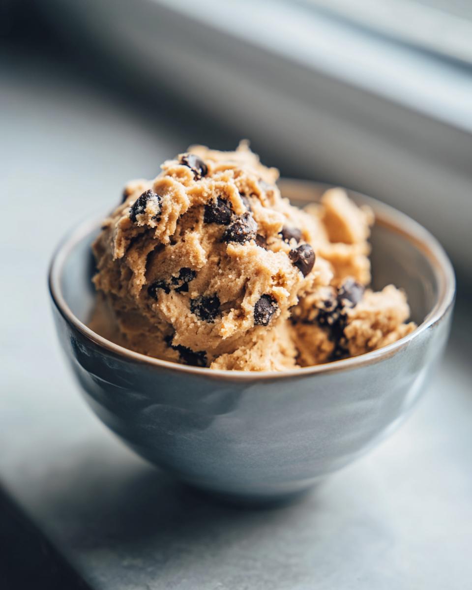 A bowl filled with creamy high protein cookie dough studded with chocolate chips.