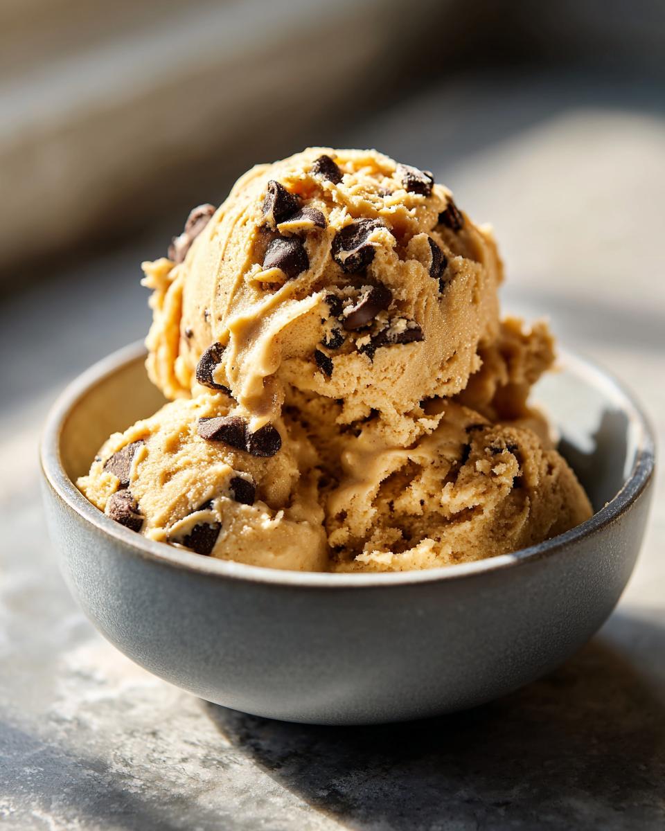 Three scoops of high protein cookie dough ice cream with chocolate chips in a bowl.