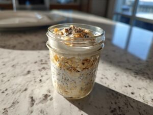 A close-up of high protein overnight oats in a mason jar, layered with oats, chia seeds, and yogurt, topped with seeds.