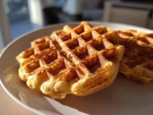 Close-up of two golden-brown high protein waffles on a white plate, bathed in natural light.