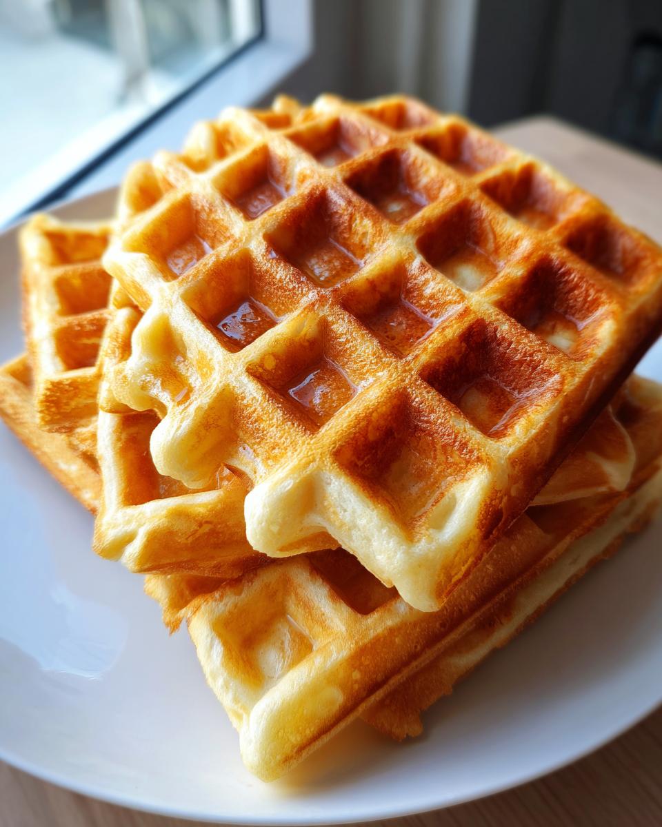 A stack of golden-brown high protein waffles, lightly glazed with syrup, on a white plate.