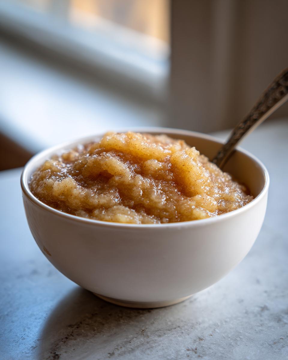 Close-up of a bowl filled with chunky, cinnamon-spiced homemade applesauce, with a spoon resting inside.