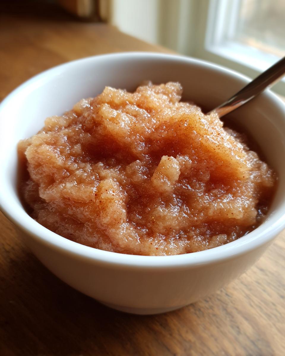 Close-up of a white bowl filled with chunky, cinnamon-spiced homemade applesauce.