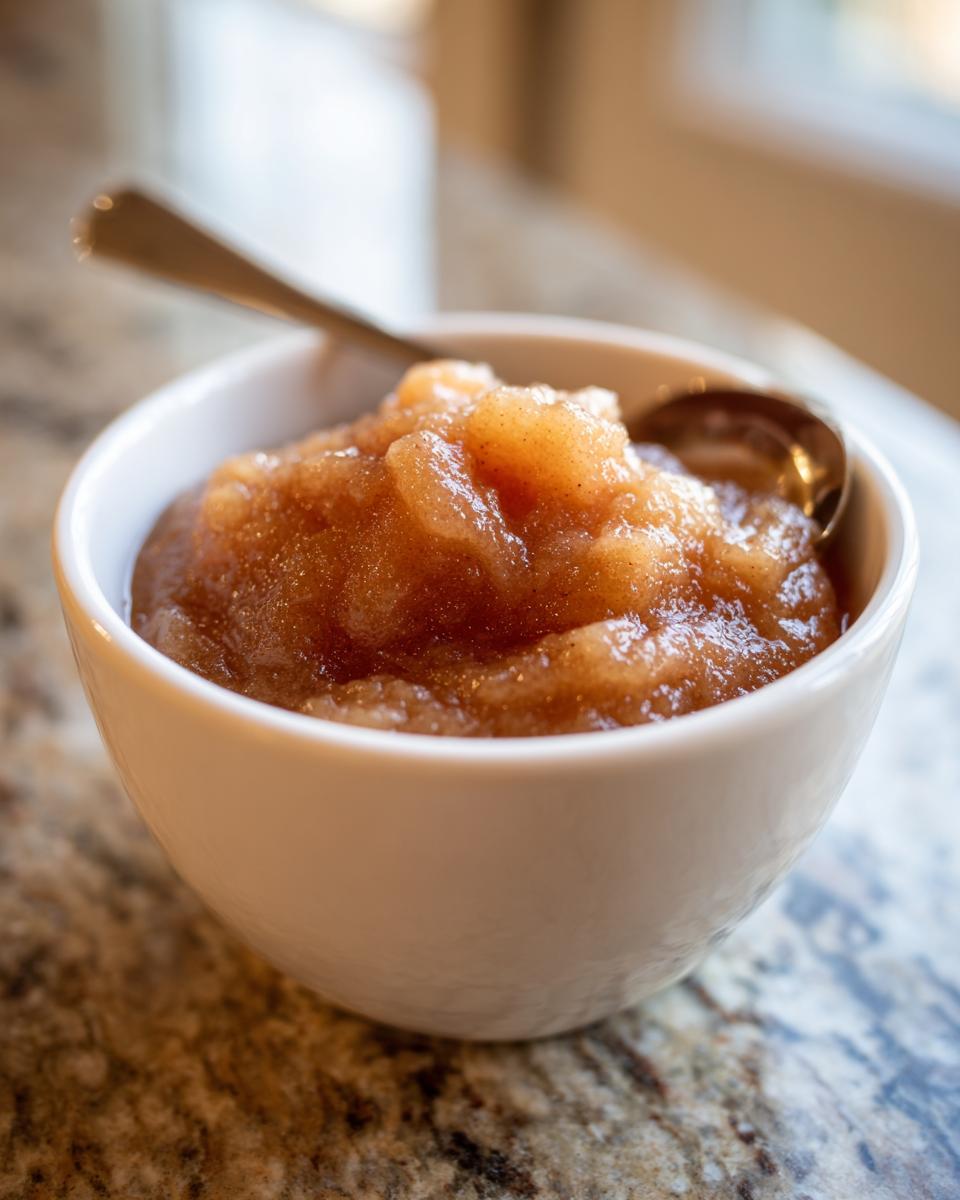 A close-up of a white bowl filled with warm, chunky homemade applesauce, with a spoon resting inside.