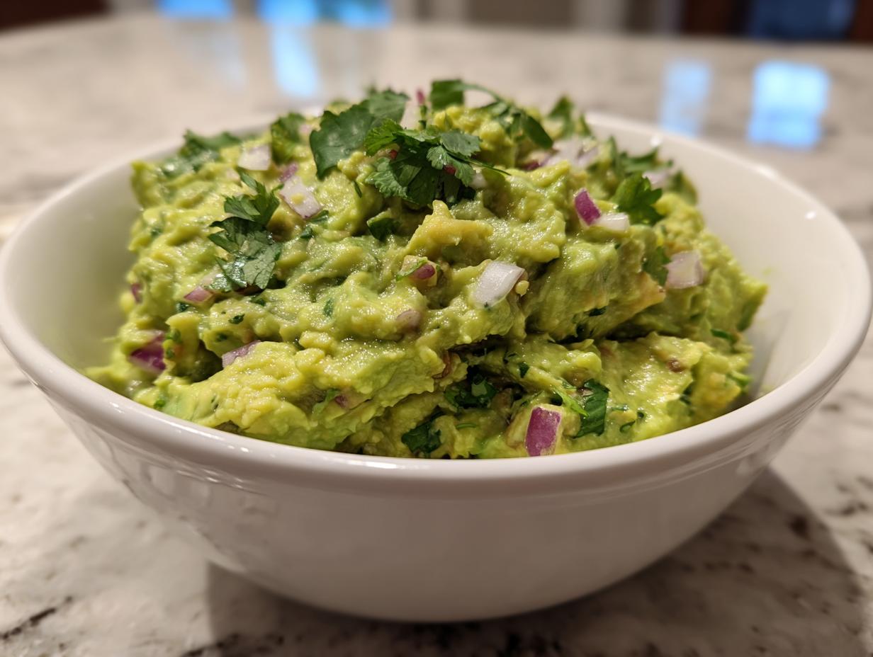 A close-up of a white bowl filled with chunky, fresh homemade guacamole, garnished with cilantro and red onion.
