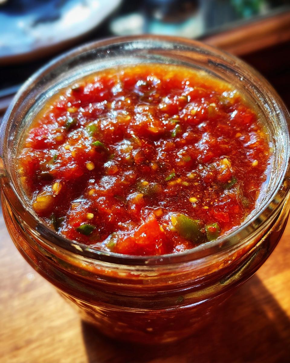 Close-up of a jar filled with vibrant, chunky homemade salsa, showing tomatoes, peppers, and onions.