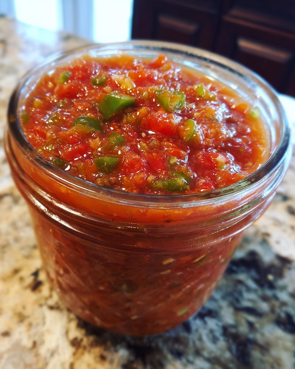 Close-up of a glass jar filled with vibrant, chunky homemade salsa, featuring tomatoes and green peppers.