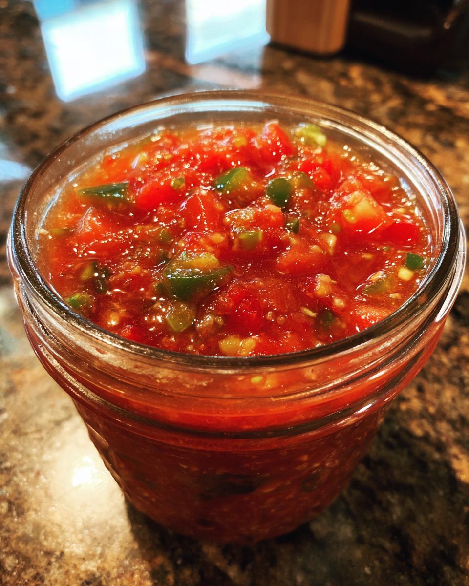 Close-up of a jar filled with vibrant, chunky homemade salsa, featuring chopped tomatoes and green peppers.