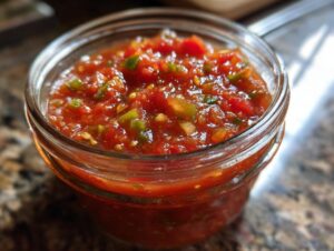 Close-up of a glass jar filled with vibrant, chunky homemade salsa, featuring tomatoes, jalapeños, and onions.