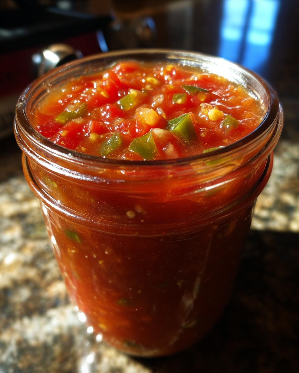 Close-up of a glass jar filled with vibrant, chunky homemade salsa, featuring tomatoes, jalapeños, and onions.