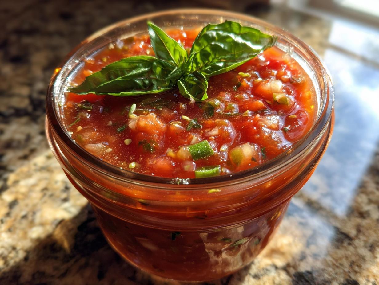 Close-up of a glass jar filled with vibrant homemade tomato salsa, topped with fresh basil leaves for homemade tomato salsa canning.