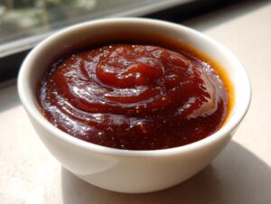A close-up shot of a white bowl filled with glossy, dark red honey BBQ sauce.
