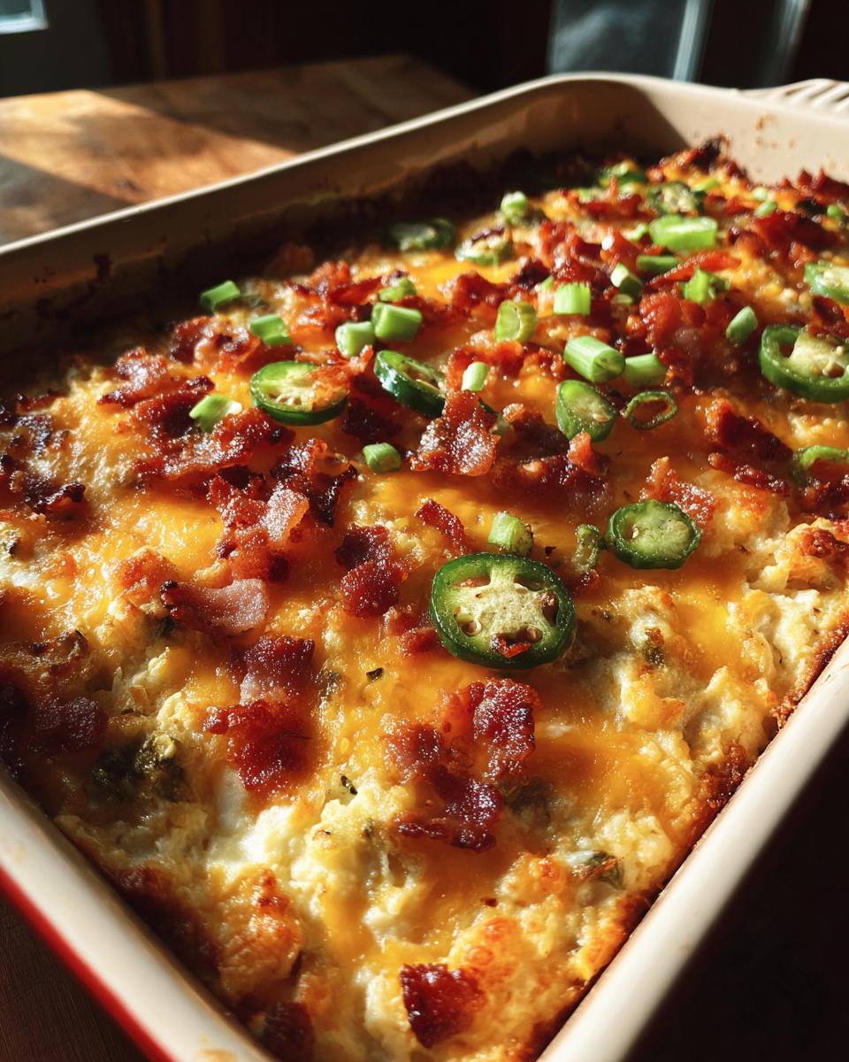 Close-up of a bubbly Jalapeño Popper Dip in a baking dish, topped with crispy bacon, sliced jalapeños, and green onions.