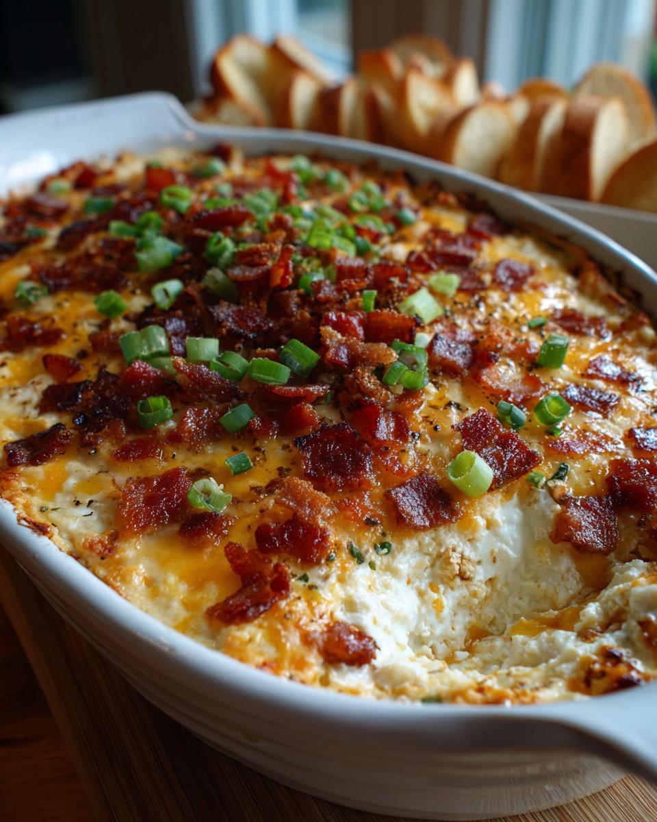 Close-up of a bubbly Jalapeño Popper Dip topped with crispy bacon and green onions, served with toasted bread slices.