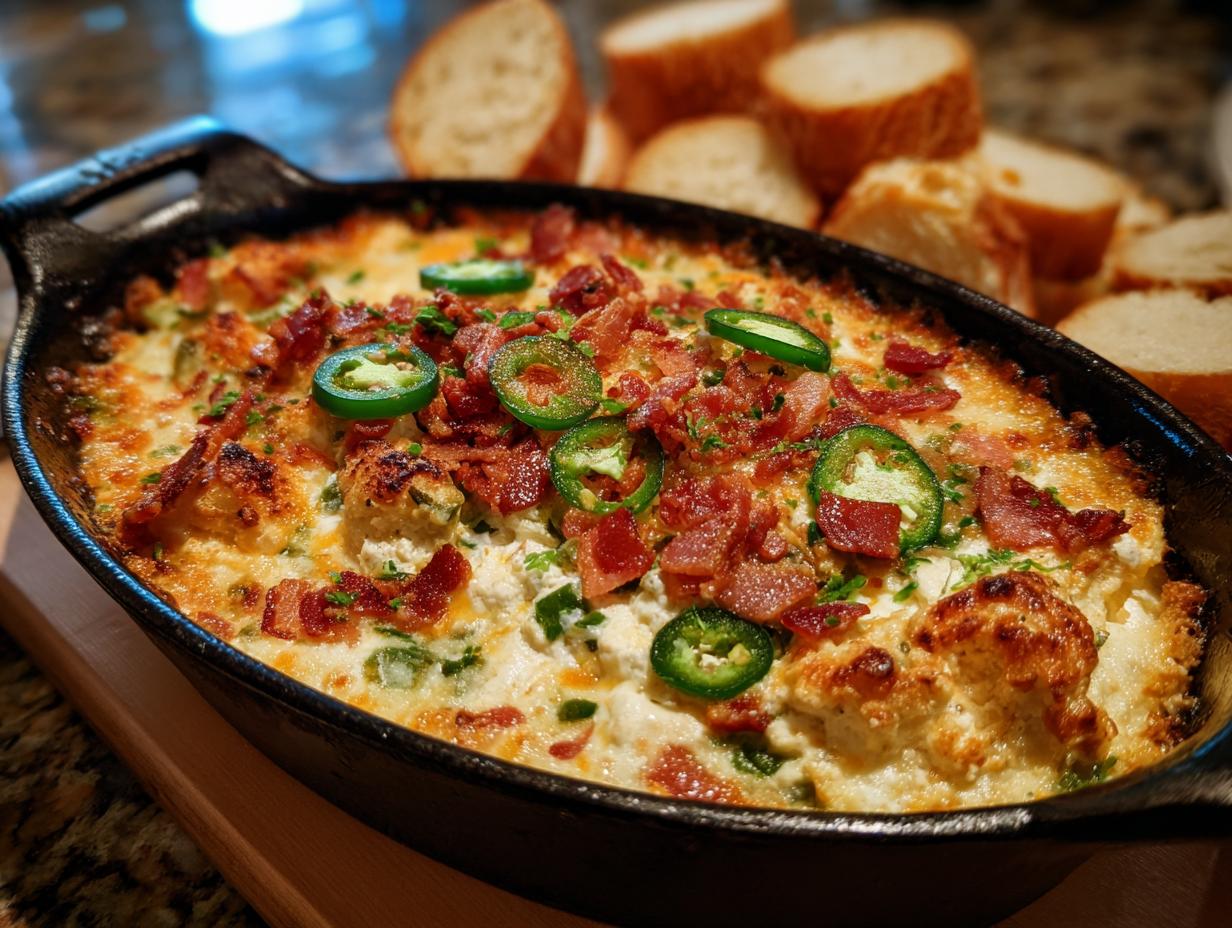 A close-up of a bubbling jalapeño popper dip in a cast iron skillet, topped with bacon and jalapeño slices.