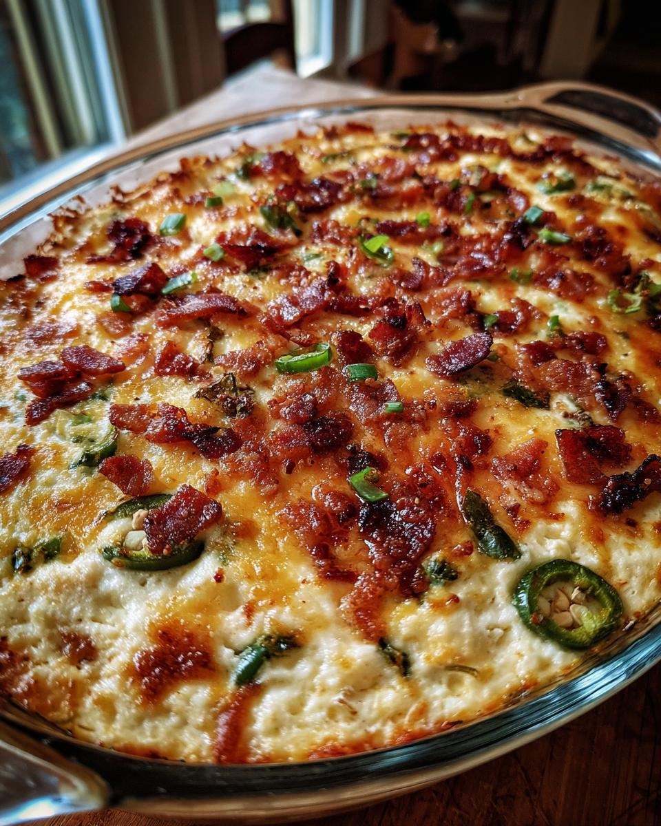 Close-up of a baked Jalapeño Popper Dip in a glass dish, topped with crispy bacon and green onions.