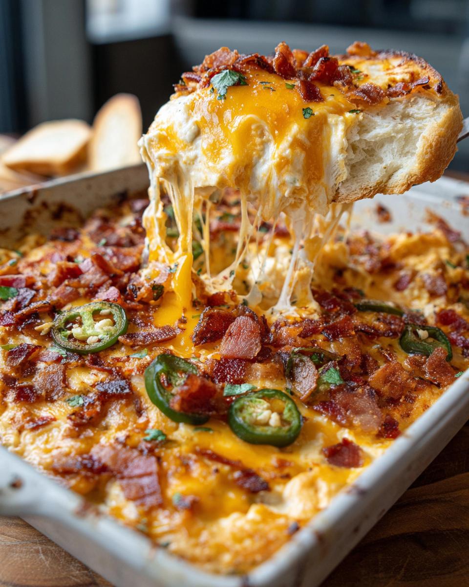 A slice of bread loaded with gooey Jalapeño Popper Dip, topped with melted cheese and bacon bits.