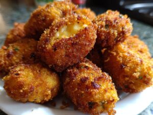 A close-up of a pile of crispy, golden-brown jalapeño rice poppers, one of which is broken open to reveal melted cheese inside.