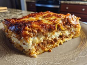 A close-up of a hearty slice of Lasagna with Cottage Cheese, showing layers of pasta, meat sauce, and creamy cottage cheese filling.