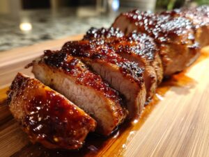 Close-up of perfectly cooked maple mustard pork tenderloin, sliced and glistening with glaze on a wooden board.