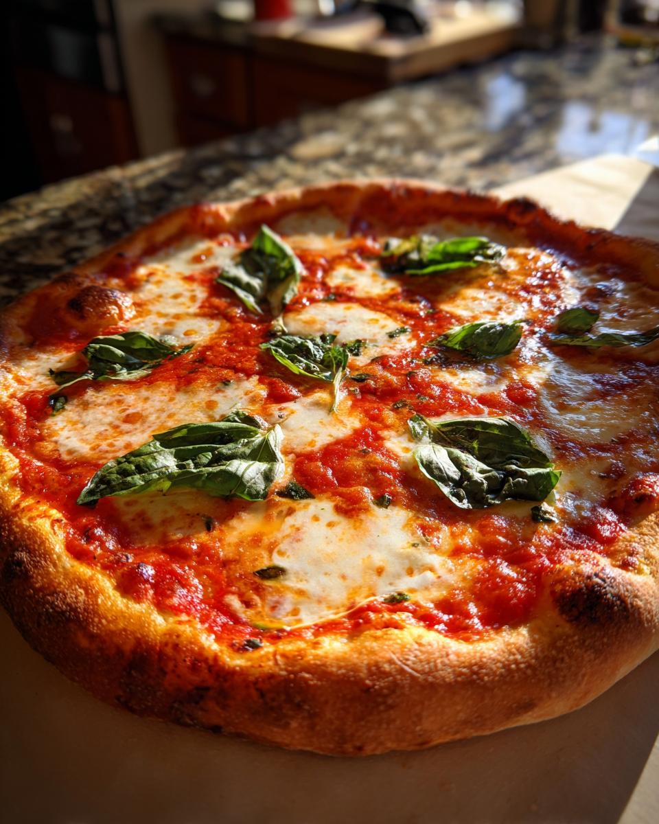 A freshly baked Margherita pizza topped with tomato sauce, melted mozzarella cheese, and fresh basil leaves.