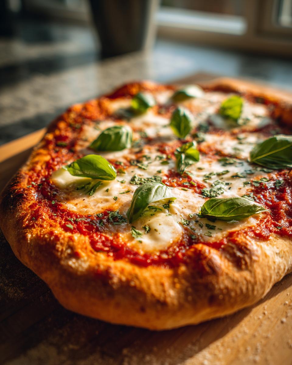 A freshly baked Margherita pizza topped with tomato sauce, mozzarella cheese, and fresh basil leaves.