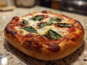 A close-up of a freshly baked Margherita pizza, featuring melted mozzarella, rich tomato sauce, and vibrant basil leaves.