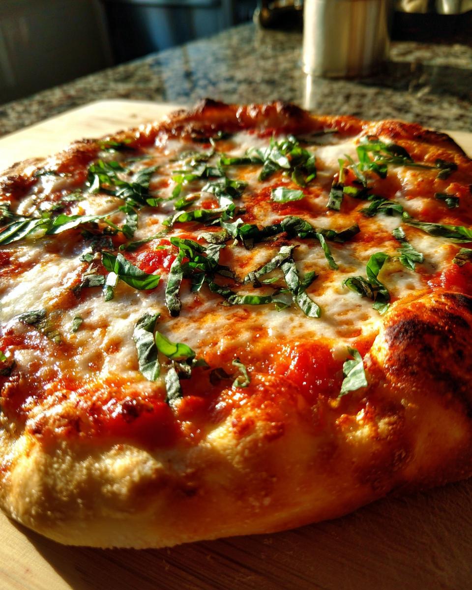 A close-up of a freshly baked Margherita pizza topped with melted mozzarella, tomato sauce, and fresh basil leaves.