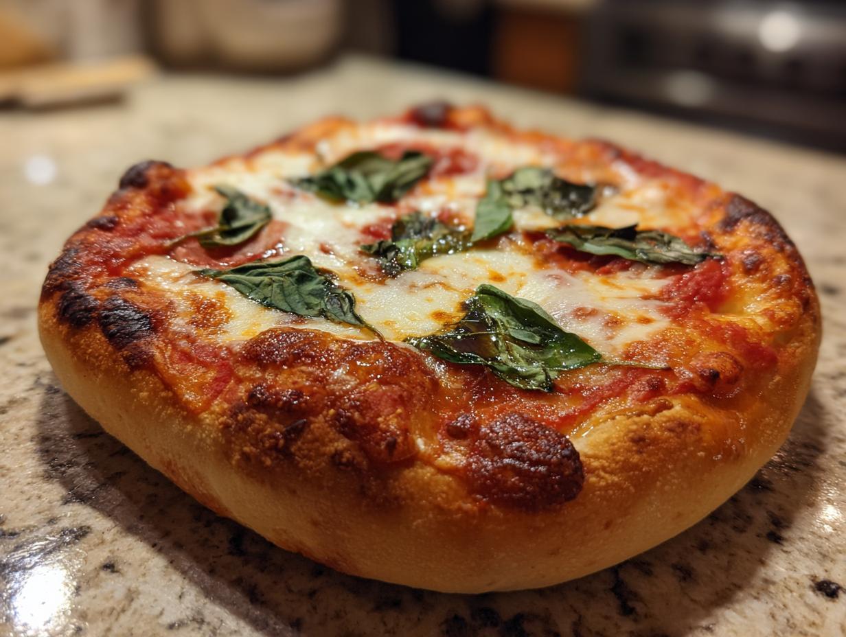 A close-up of a freshly baked Margherita pizza, featuring melted mozzarella, rich tomato sauce, and vibrant basil leaves.