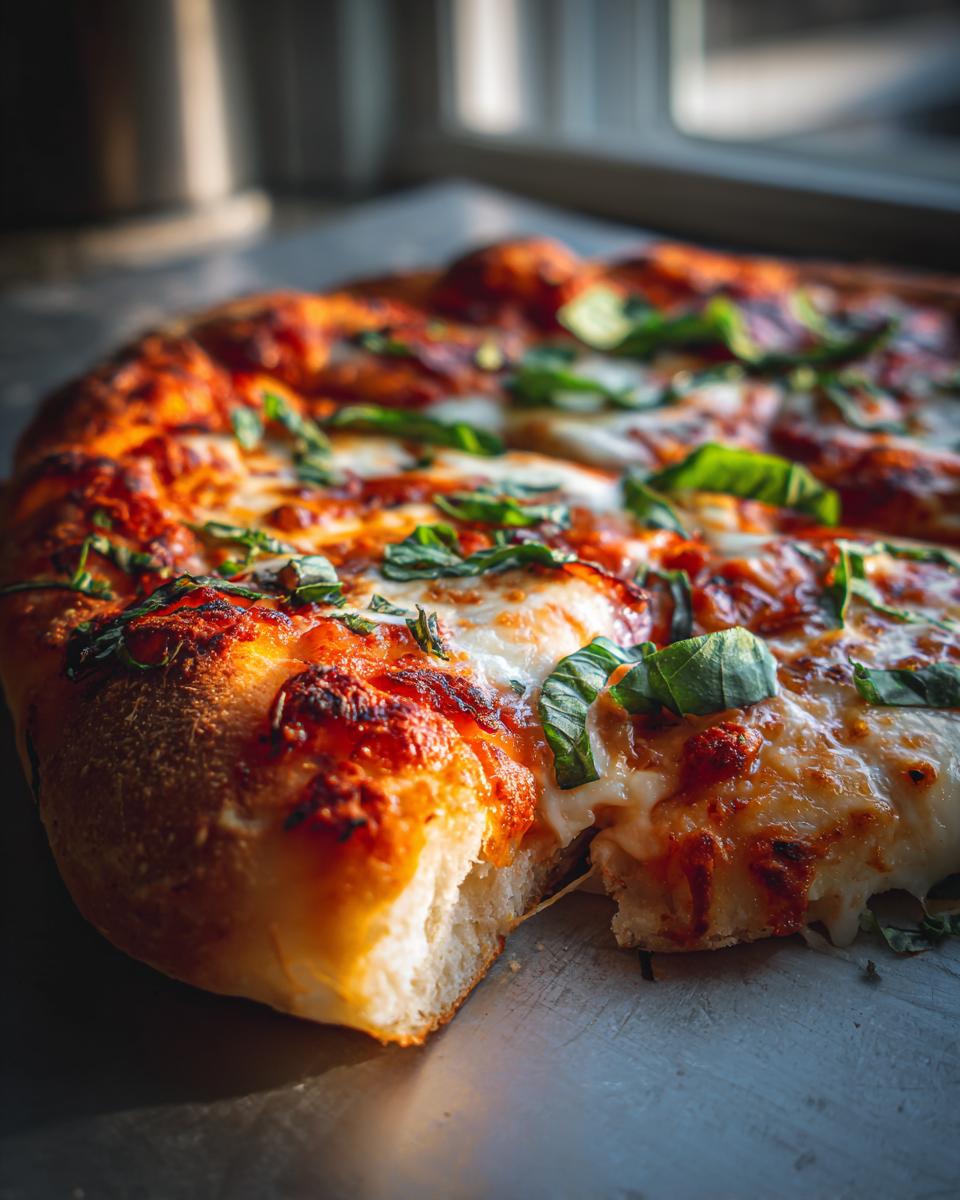 A close-up shot of a slice of Margherita pizza, featuring melted mozzarella, tomato sauce, and fresh basil leaves.