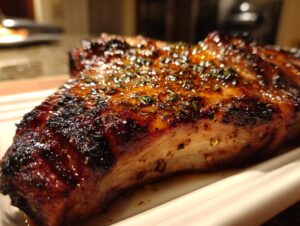 Close-up of a perfectly cooked pork chop, glistening with a rich marinade and herbs.
