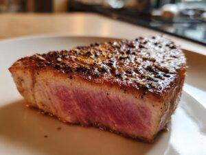 Close-up of a perfectly seared MARINADE FOR TUNA STEAK, showing a vibrant pink interior and a golden-brown crust with sesame seeds.
