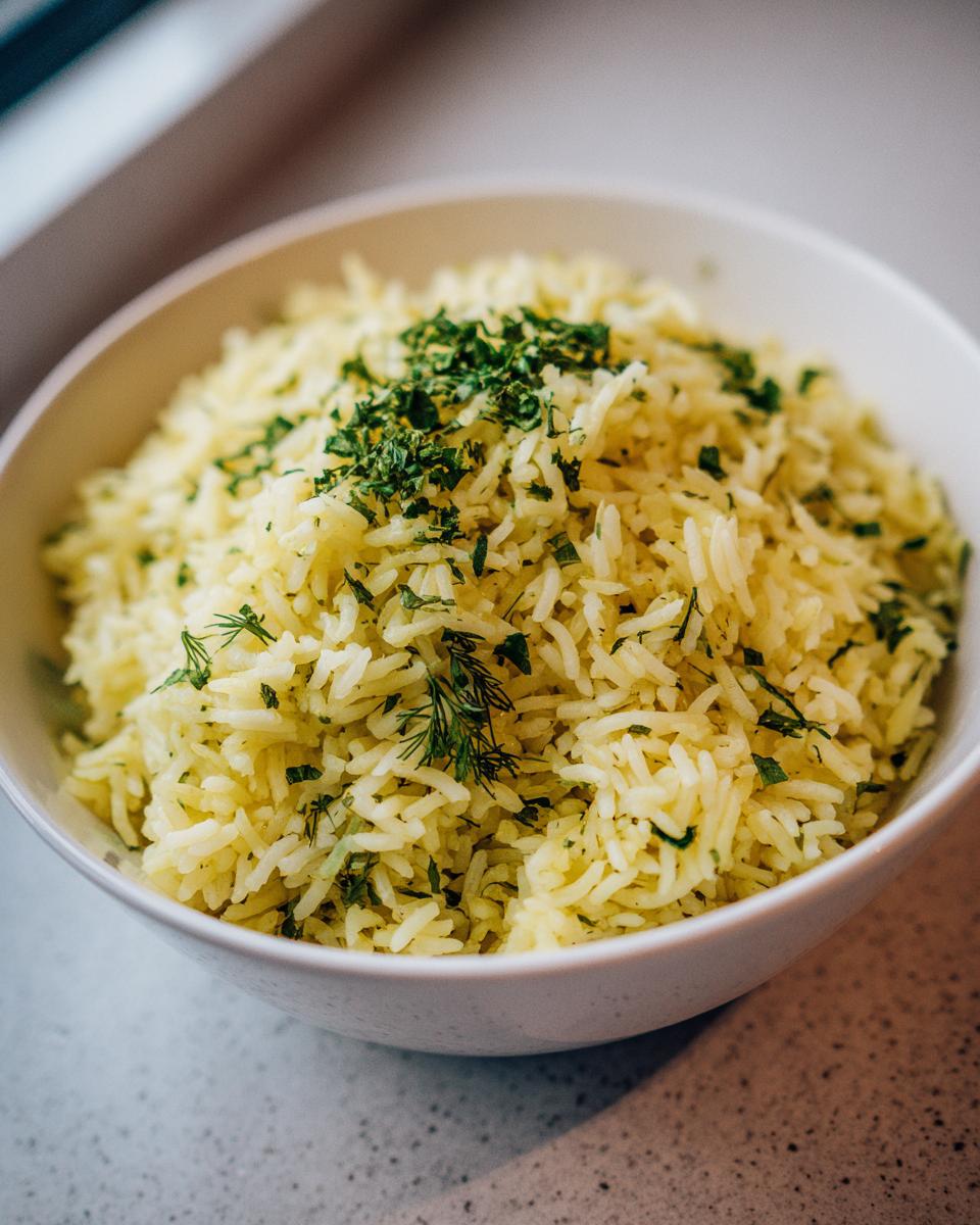 A close-up of a bowl filled with fluffy Mediterranean lemon rice, garnished with fresh dill and parsley.