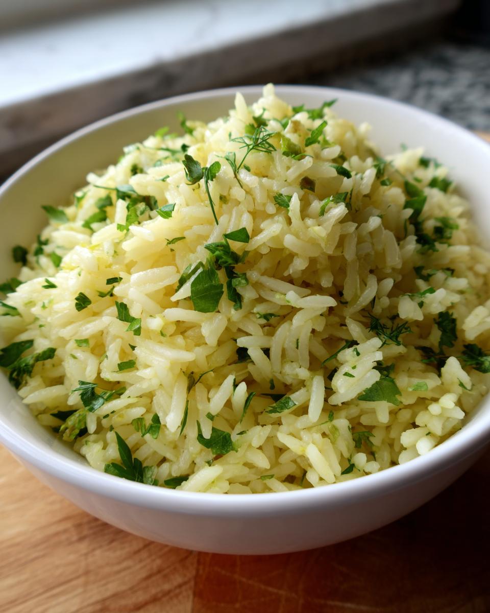 A close-up of a white bowl filled with fluffy Mediterranean lemon rice, garnished with fresh parsley and dill.