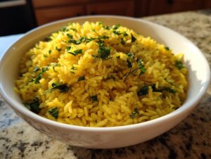 A white bowl filled with vibrant yellow Mediterranean lemon rice, garnished with fresh parsley.