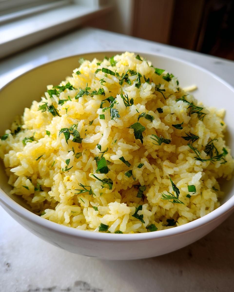A close-up of a bowl of fluffy Mediterranean lemon rice, garnished with fresh chopped parsley and dill.