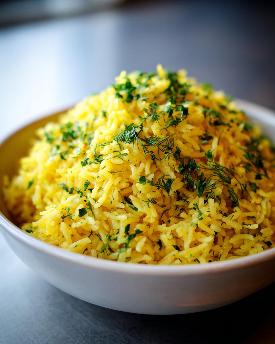 A close-up of fluffy Mediterranean lemon rice generously topped with fresh dill and parsley.