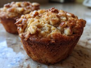 Close-up of a moist banana nut muffin topped with toasted walnuts, showcasing its golden-brown crust.