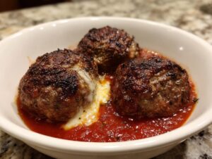 Close-up of three juicy mozzarella stuffed meatballs nestled in rich marinara sauce with melted cheese oozing out.