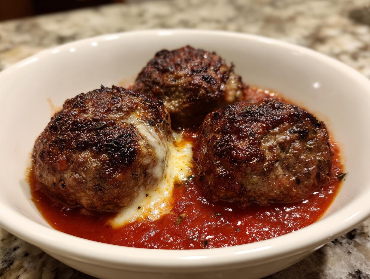 Close-up of three juicy mozzarella stuffed meatballs nestled in rich marinara sauce with melted cheese oozing out.