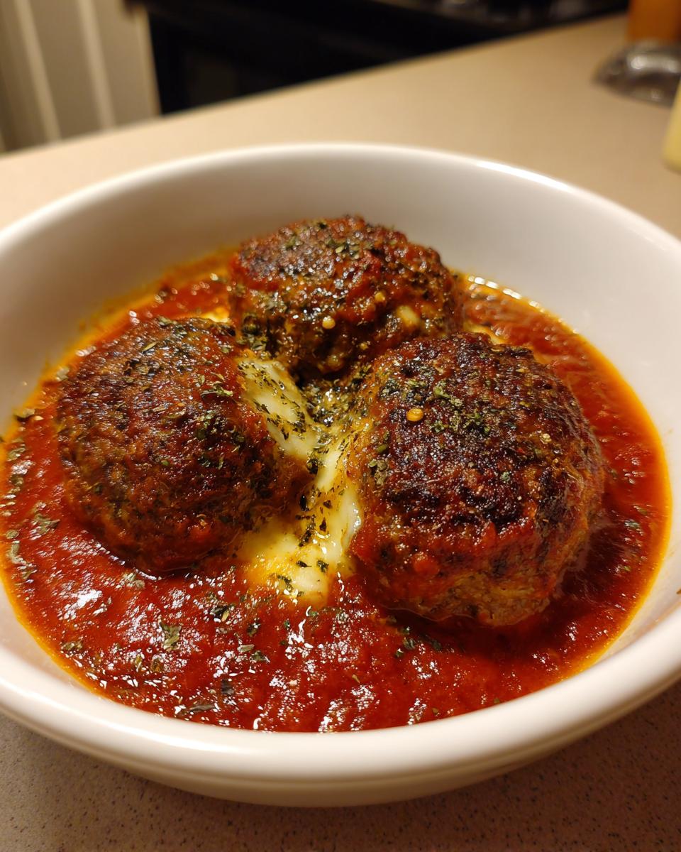 Three juicy mozzarella stuffed meatballs swimming in a rich marinara sauce, with melted cheese oozing out.
