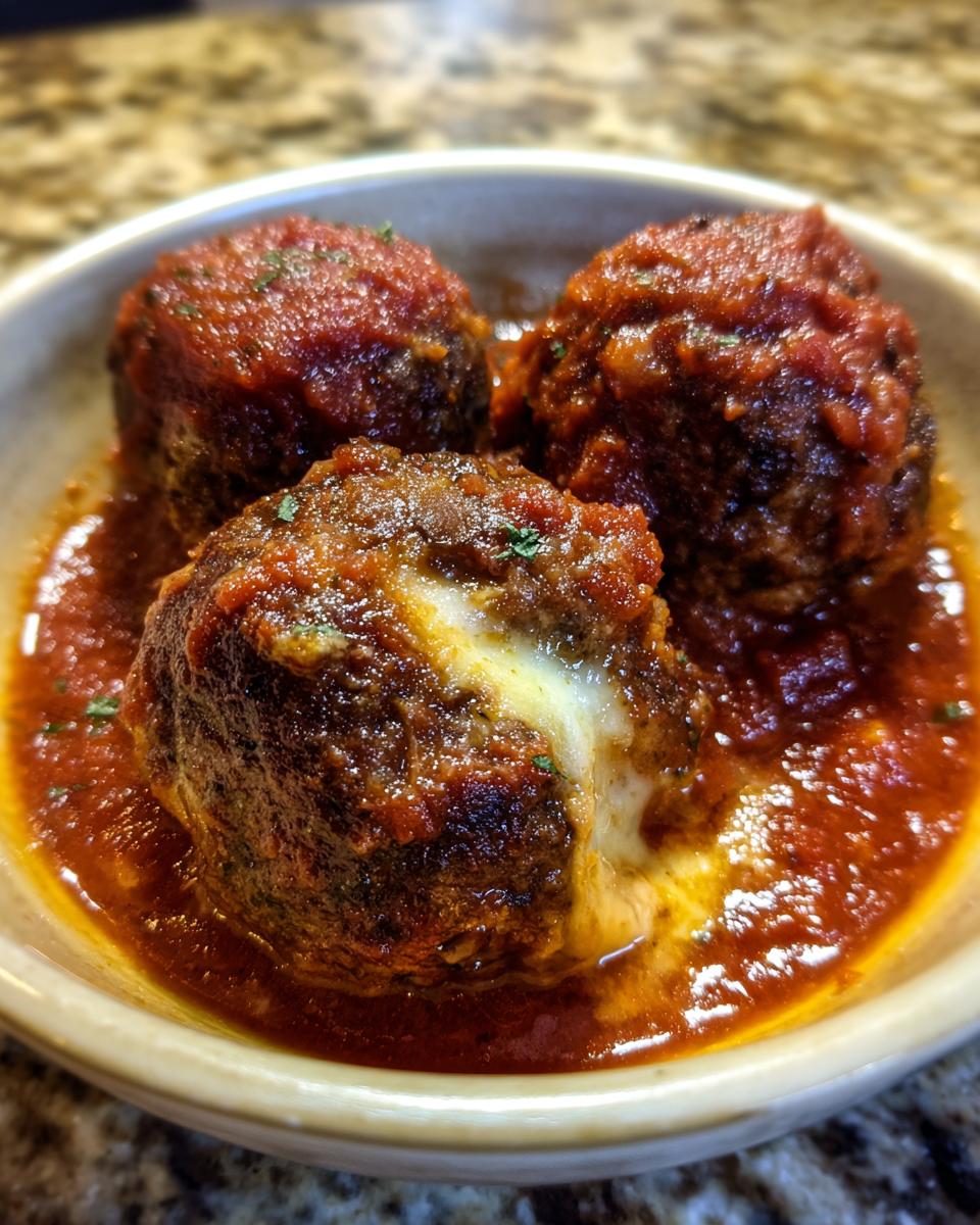 Close-up of three delicious mozzarella stuffed meatballs in a rich tomato sauce, with melted cheese oozing out.