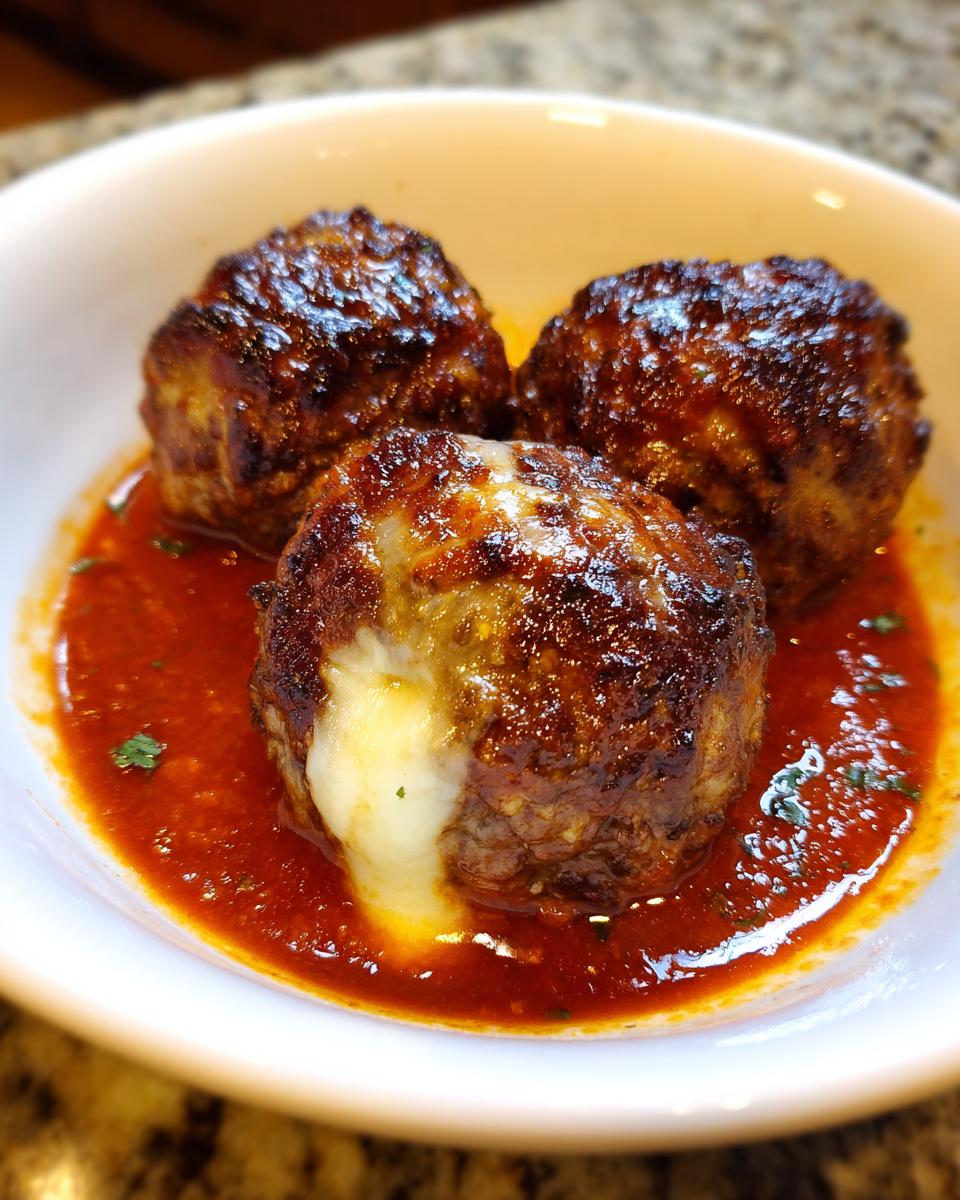 Three golden-brown Mozzarella stuffed meatballs swimming in a rich tomato sauce, with cheese oozing out.