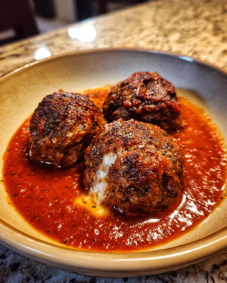 Three juicy mozzarella stuffed meatballs swimming in a rich tomato sauce in a bowl.