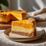 A slice of no bake pumpkin cheesecake with a graham cracker crust and creamy filling, topped with crumbled crust.