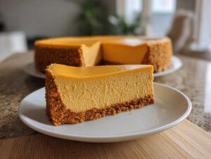 A slice of no bake pumpkin cheesecake with a graham cracker crust on a white plate.