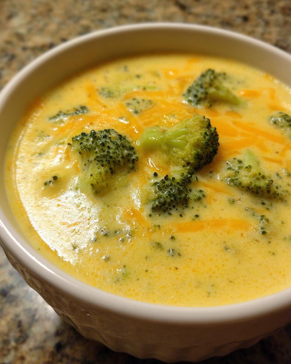 A close-up of a white bowl filled with creamy Panera Broccoli Cheddar Soup, topped with melted cheddar cheese and broccoli florets.