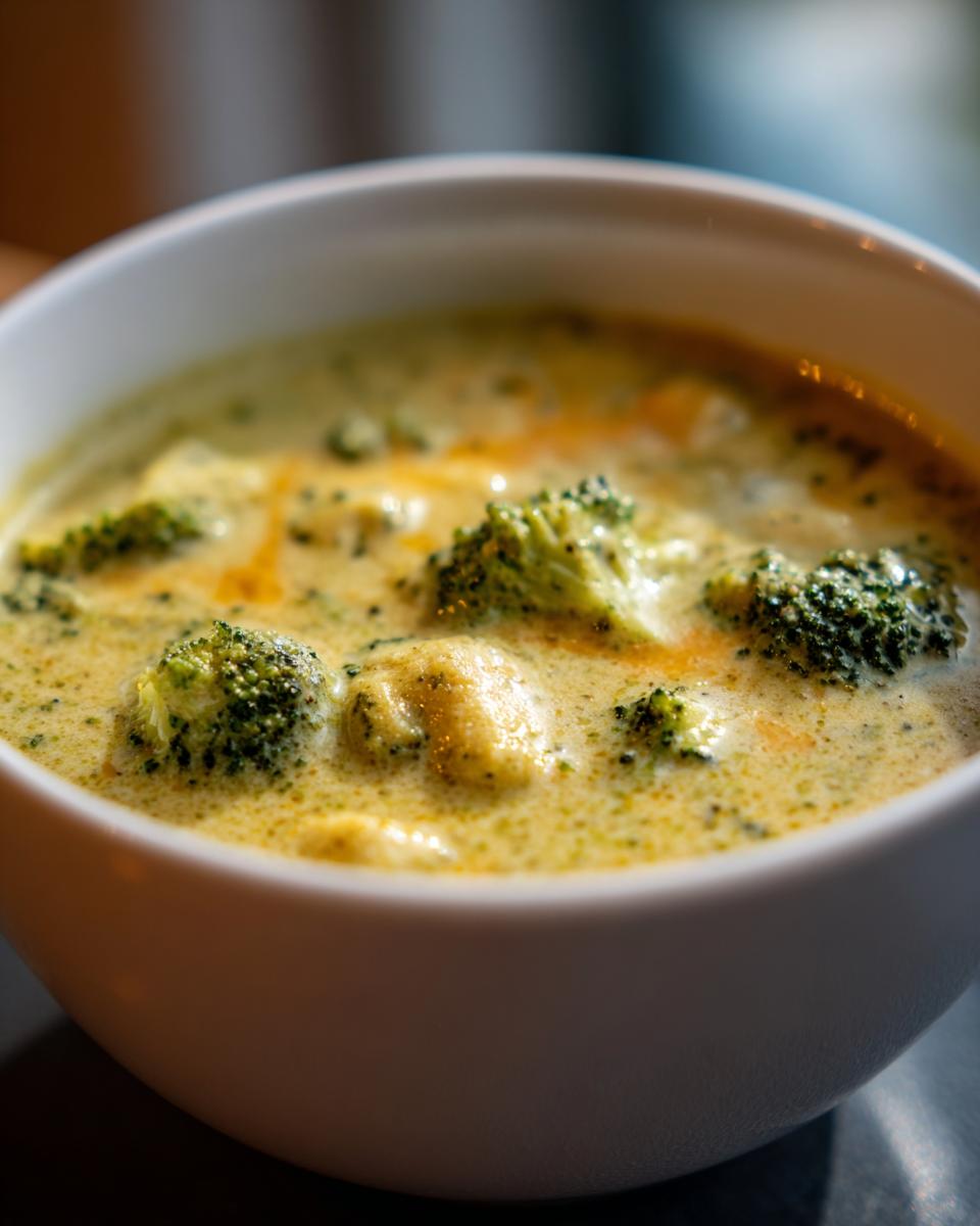 A close-up, creamy bowl of Panera broccoli cheddar soup with visible florets and melted cheese.